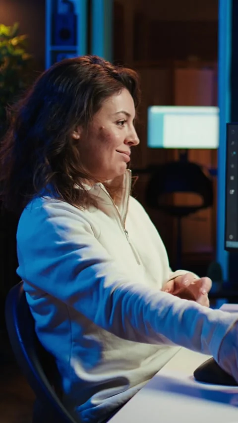 Vertical video Freelancing programmer listening music while developing software Stock Footage 283504927