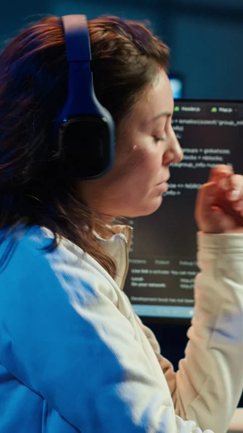 Vertical video Freelancing programmer listening music while developing software Stock Footage 283507968