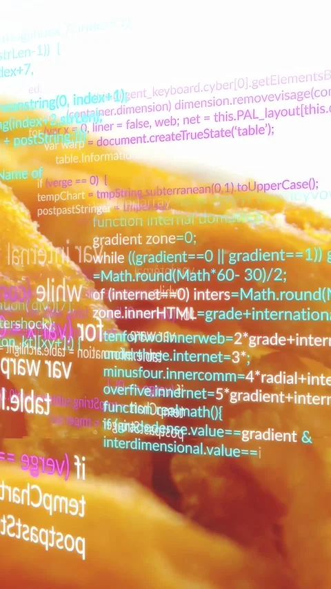 Vertical video: Fried strips, code overlay appearing from 3rd, scrolling over Stock Footage 332735311