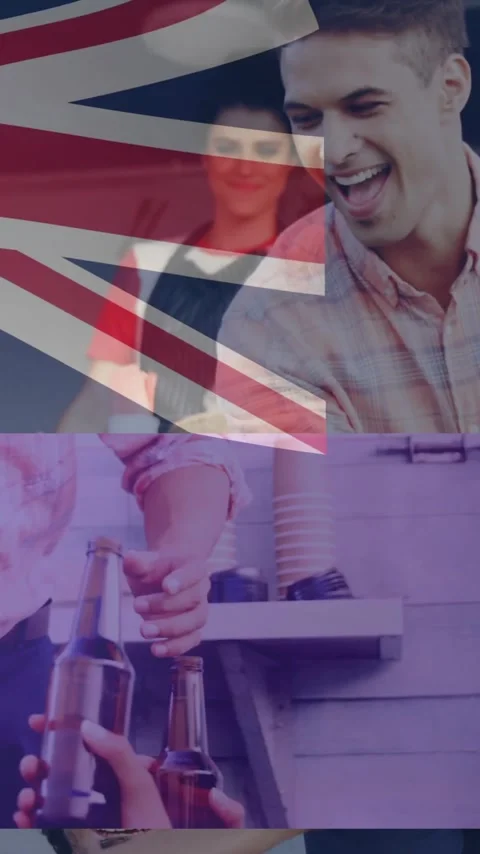 Vertical video: Friends passing beers, clinking at party, UK flag overlay hiding Vídeos de archivo 346122312