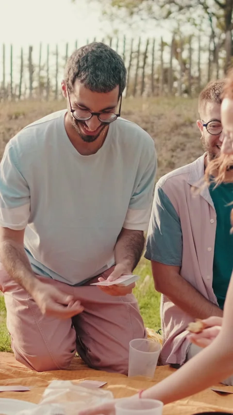 Vertical video, Friends Playing Cards at a Summer Picnic Stock Footage 313812988