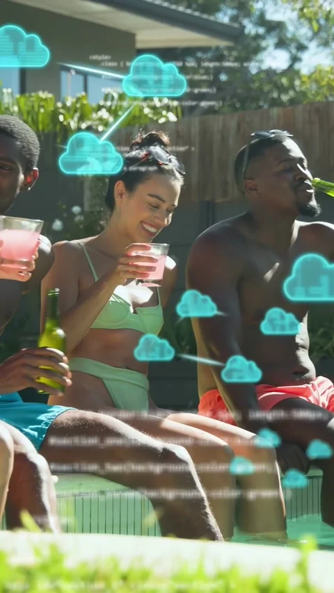 Vertical video: Friends toasting by pool woman raising glass sparking tech Stock Footage 333542205