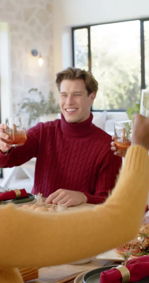 Vertical video: Friends toasting by turkey at home, woman in white sweater Видео 346735286