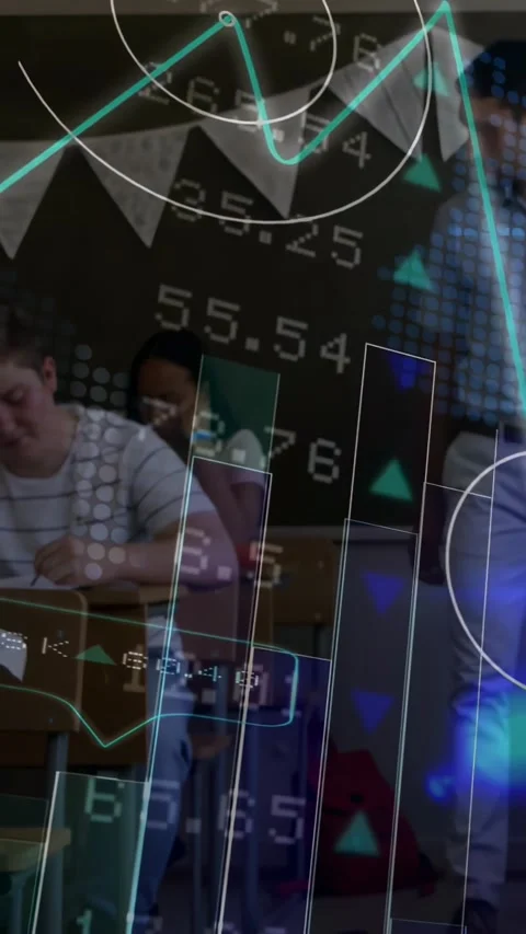 Vertical video: Front student writing in class after finance overlay appearing, Stock Footage 331334025