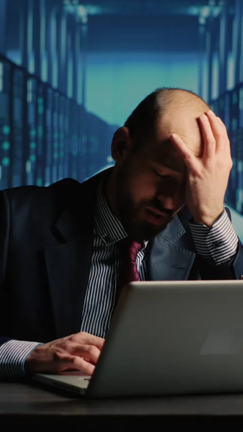 Vertical video: Frustrated database admin making mistake in data center Stock Footage 233278014