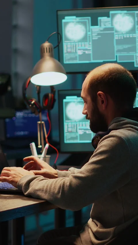 Vertical video: Frustrated hacker using computer to break into corporate data Stock-Footage 220336220