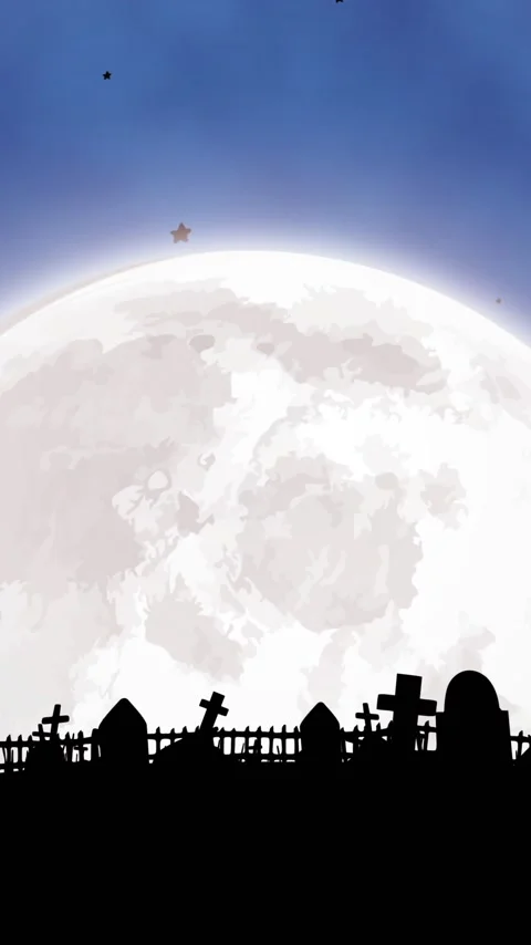 Vertical video: Full moon rising and expanding, filling frame behind graves, Stock Footage 348570553