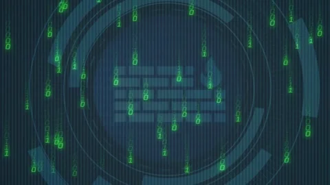 Vertical video: Generating green binary, central HUD firewall icon fading, Stock Footage 331166029