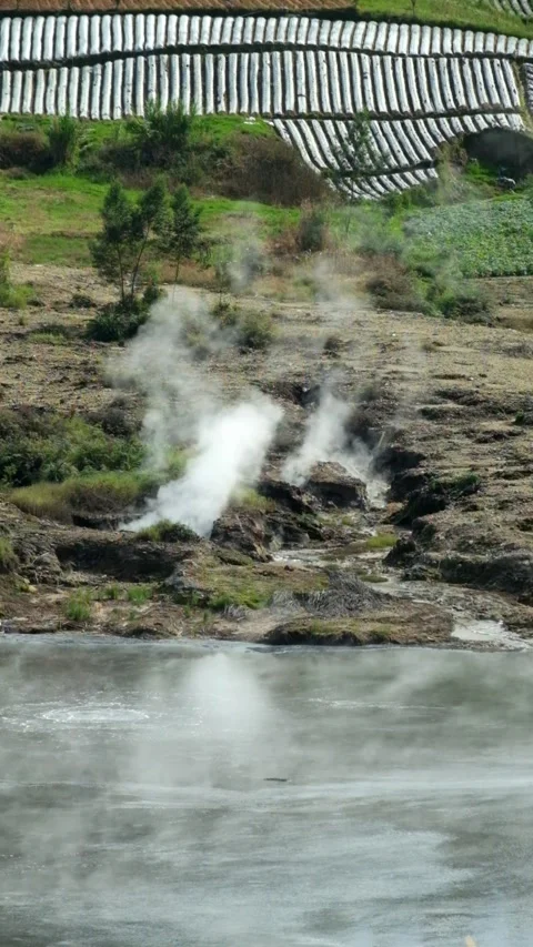 Vertical video Geothermal steam from an active crater Video stock 320030535