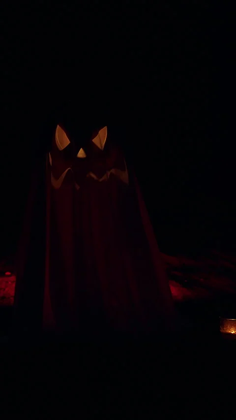 Vertical video. Ghost Shaped Jack O Lantern Decoration Standing in Dark Tunnel W Stock Footage 337106169