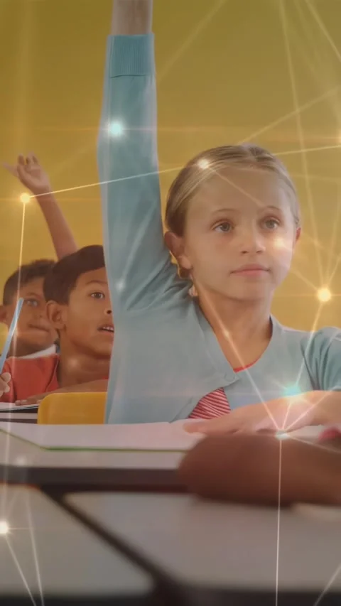 Vertical video: Girl in class after boy raising hand, lifting right arm to Stock Footage 331050423
