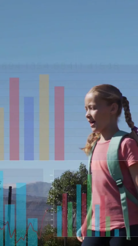 Vertical video: Girl coming in causing data, pupils walking to school, charts Stock Footage 331274047