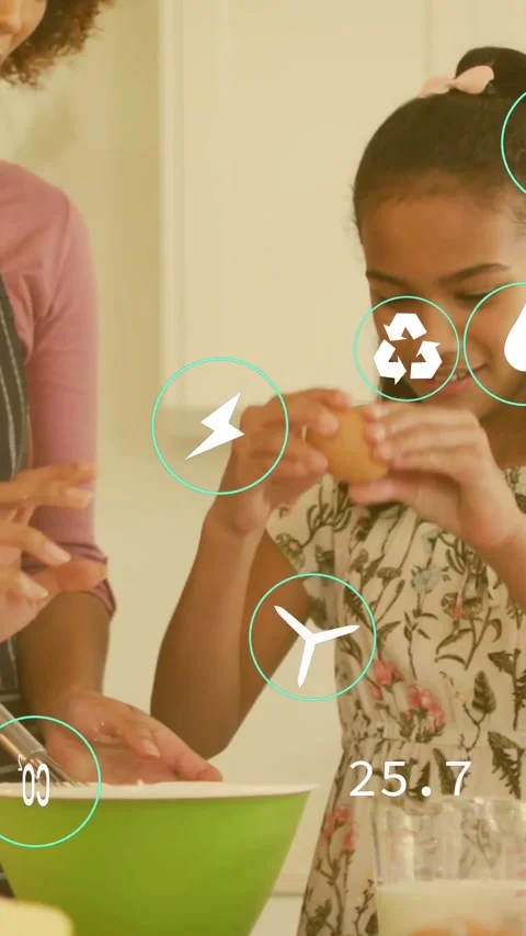 Vertical video: Girl cracking egg at counter for cooking, eco overlays updating Stock Footage 334397438