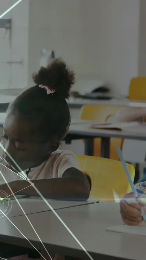 Vertical video: Girl doing worksheet for class, camera pulling back revealing Stock Footage 331238253
