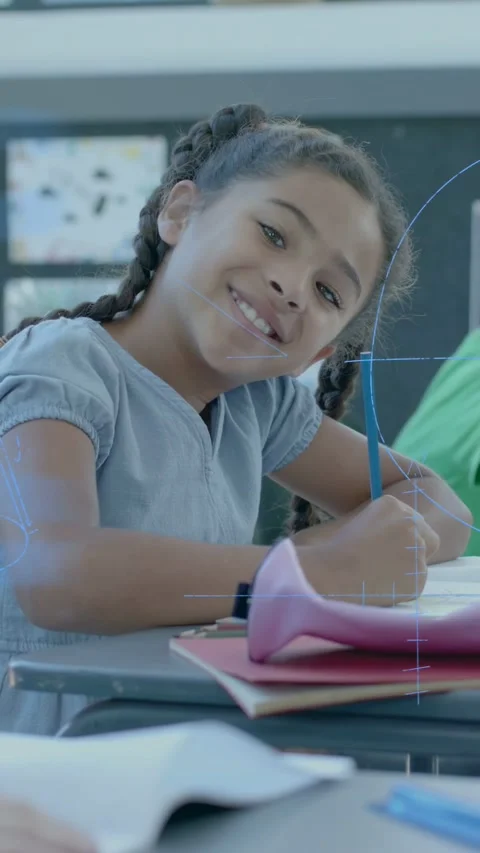 Vertical video: Girl getting sheet writing smiling at camera while class math Stock Footage 334378001
