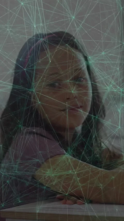 Vertical video: Girl noticing camera turning and leaning on desk green web 스톡 동영상 331238051