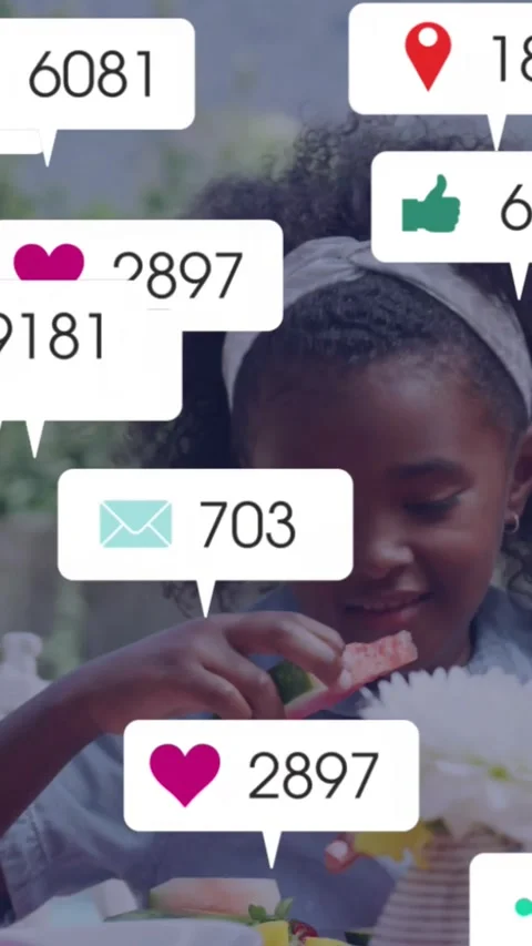 Vertical video: Girl picking fruit, sparking social bubbles that cover face then Stock Footage 330655786