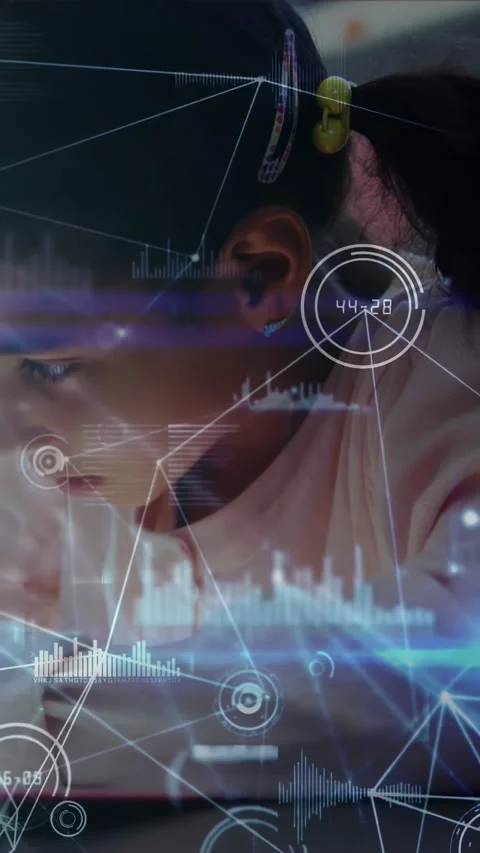Vertical video: Girl tapping tablet and causing animated charts, nodes, waveform Stock Footage 334386874