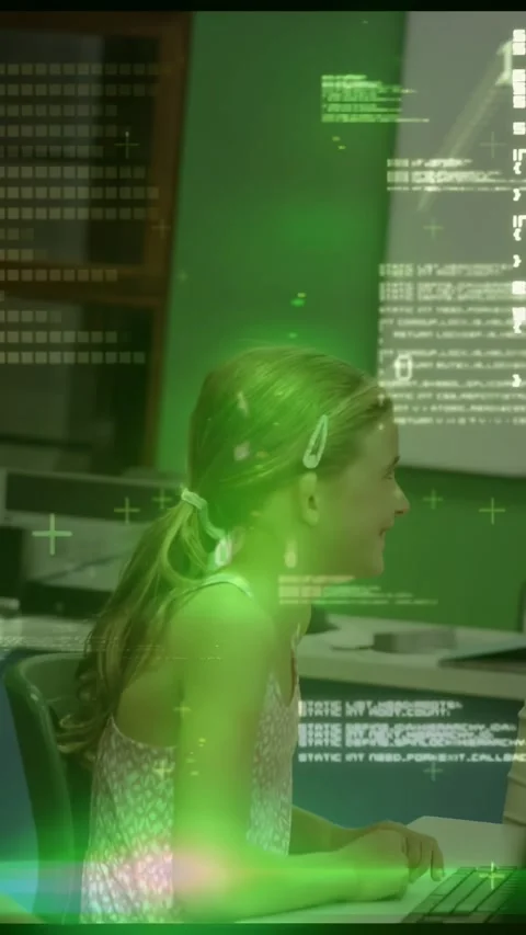 Vertical video: Girl typing at PC teacher coming green code flooding screen Stock Footage 330655454