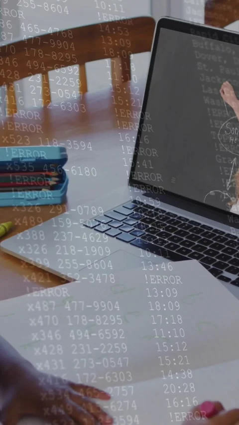 Vertical video: Girl using pink marker in lesson, laptop causing ERROR number Stock Footage 330509541