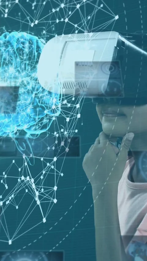 Vertical video: Girl using white VR headset lifting hand, activating blue brain Stock Footage 333835903