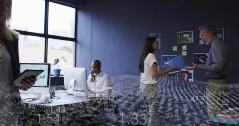 Vertical video: Giving blue folder, woman in white with man approaching in Stock Footage 334115326