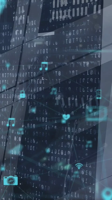Vertical video: Glass facade pulsing node sending icons linking settling showing Video stock 332775232