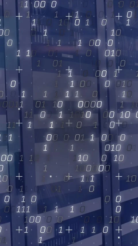 Vertical video: Glass facade receiving dense binary overlay after filter tap, Stock Footage 333194895