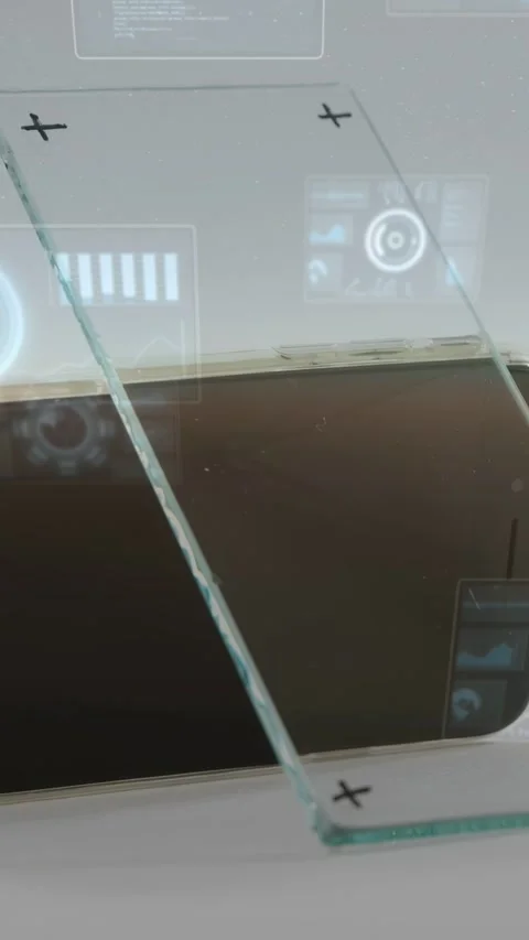 Vertical video: Glass panel sliding above phone, HUD overlay flagging alignment Stock Footage 332747666