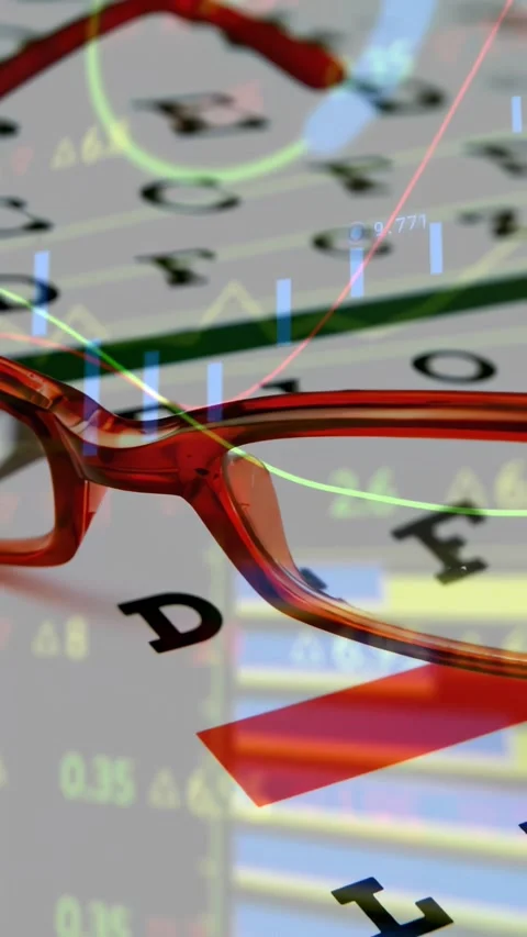 Vertical video: Glasses entering, settling on sheet, animating finance data, Stock Footage 334391400