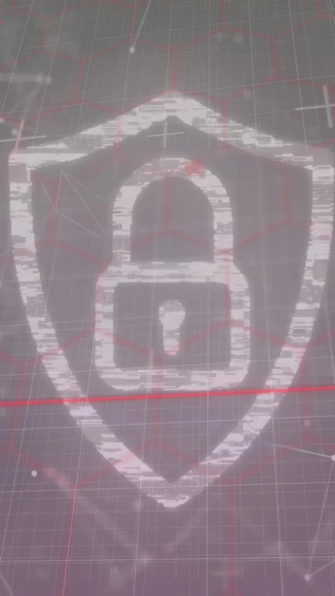 Vertical video: Glitch forming into white shield with lock over grid, settling Stock Footage 333006300