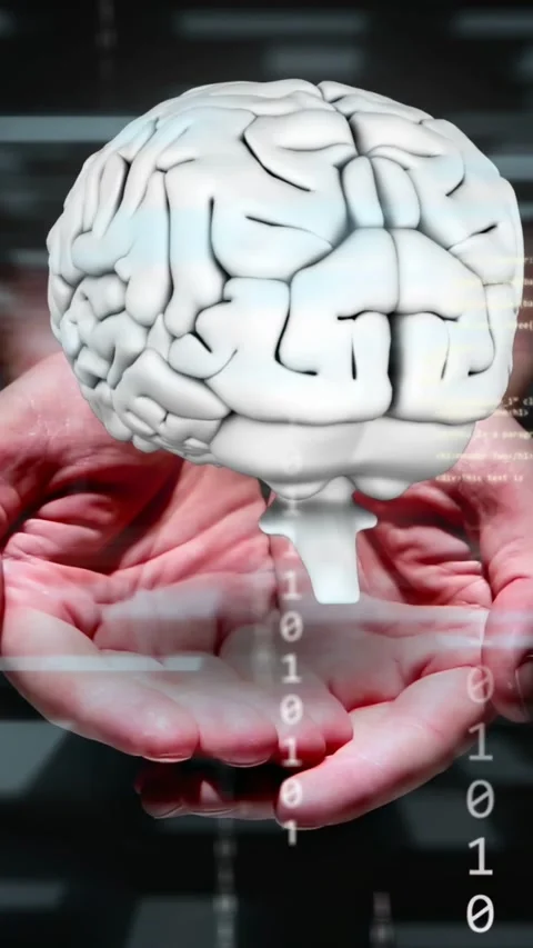 Vertical video: Glitching buffer starting hands entering, floating 3D brain Stock Footage 335678182