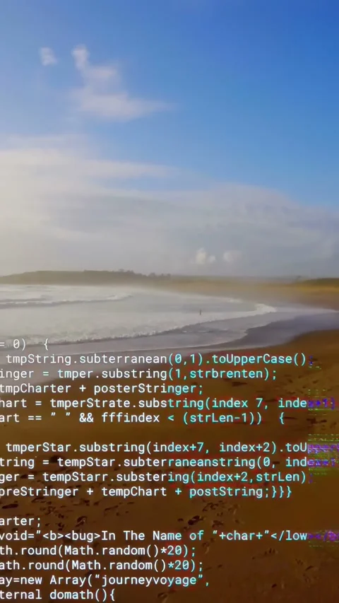 Vertical video: Glitching code causing panning, sandy shore and surf revealing Stock Footage 333744846