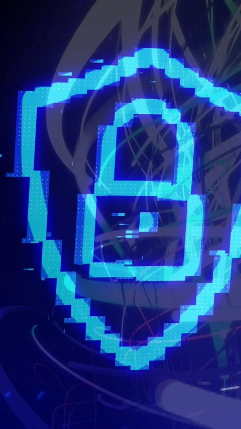 Vertical video: Glitching pixels starting neon shield-lock forming and settling Stock Footage 329913100