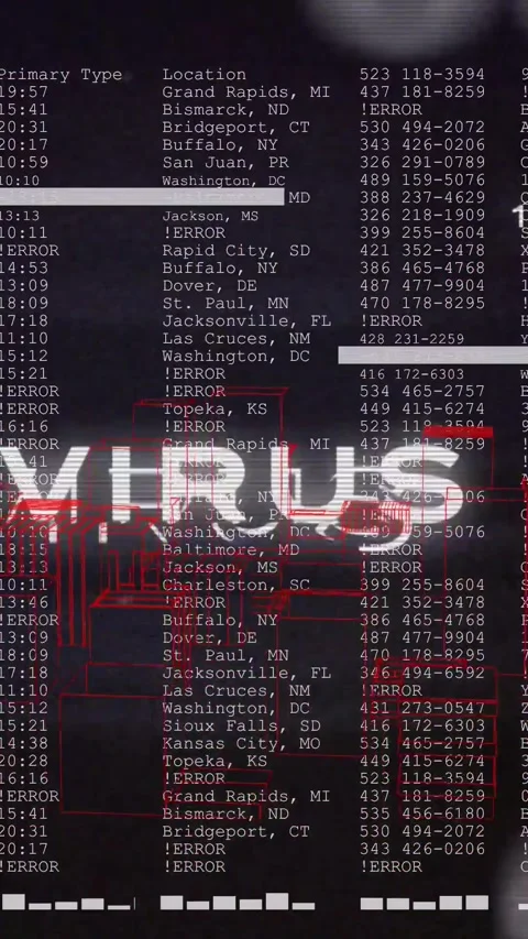 Vertical video: Glitching VIRUS text causing scrolling log, red scan picking Stock Footage 329613079