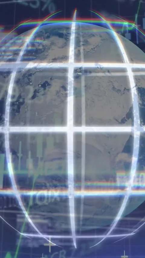 Vertical video: Globe appearing centered, pulsing grid and light bands, Stock Footage 330260083
