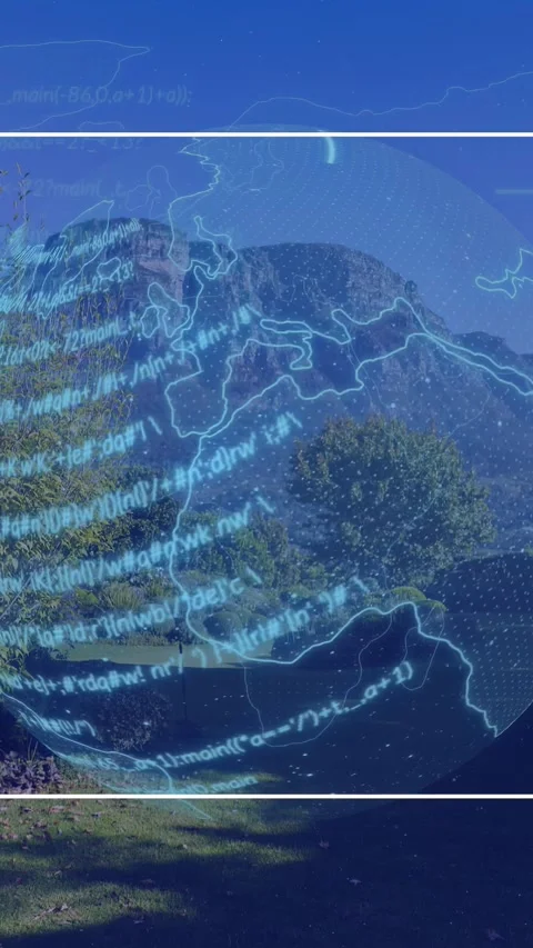 Vertical video: Globe appearing over cliff lawn, pulsing, tracing code rings, Stock Footage 329913092