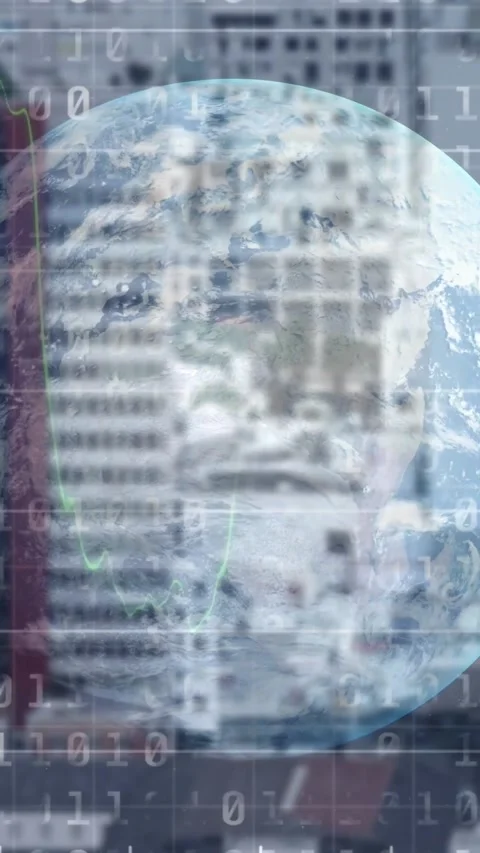 Vertical video: Globe appearing triggers rotating, drifting with pulsing binary Stock Footage 328350351