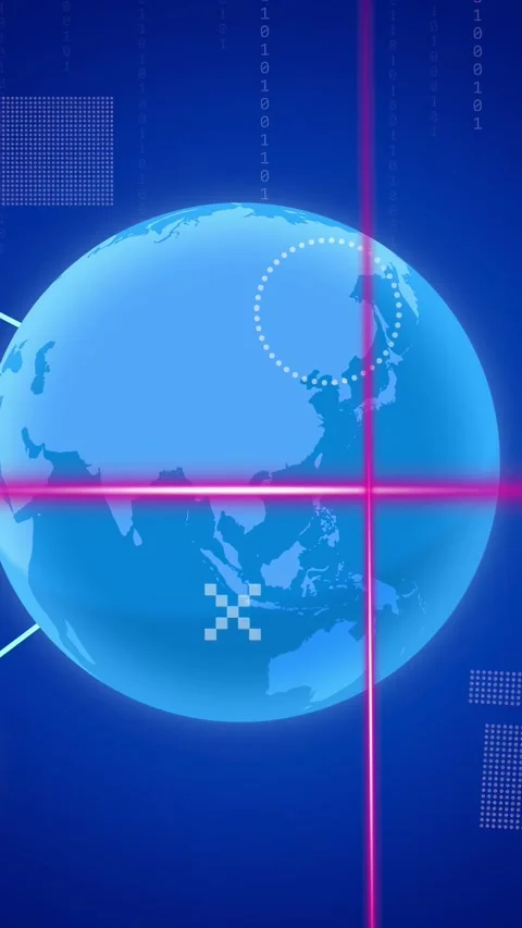 Vertical video: Globe fading, growing and rotating while magenta beam scanning Stock Footage 334423407