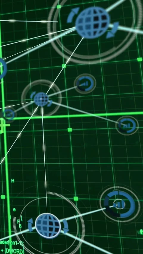 Vertical video: Globe nodes linking on green code grid with viewport panning Stock Footage 334317322