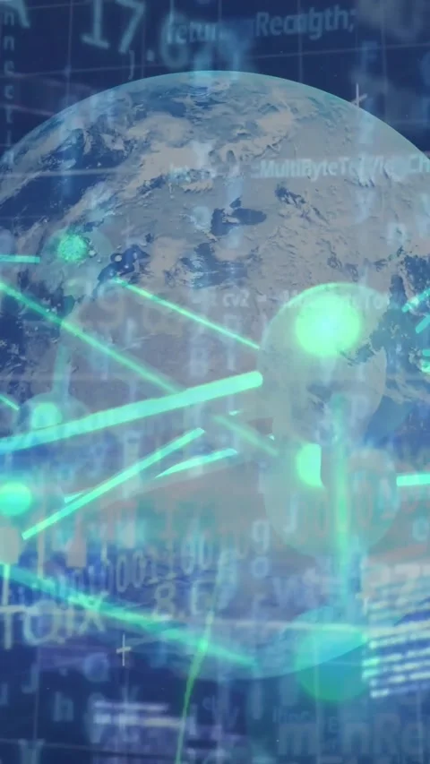 Vertical video: Globe receiving data feed, activating finance nodes and pulsing Stock Footage 331790370