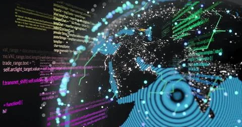 Vertical video: Globe receiving data, pulsing nodes or lines, code streaming, Foto stock