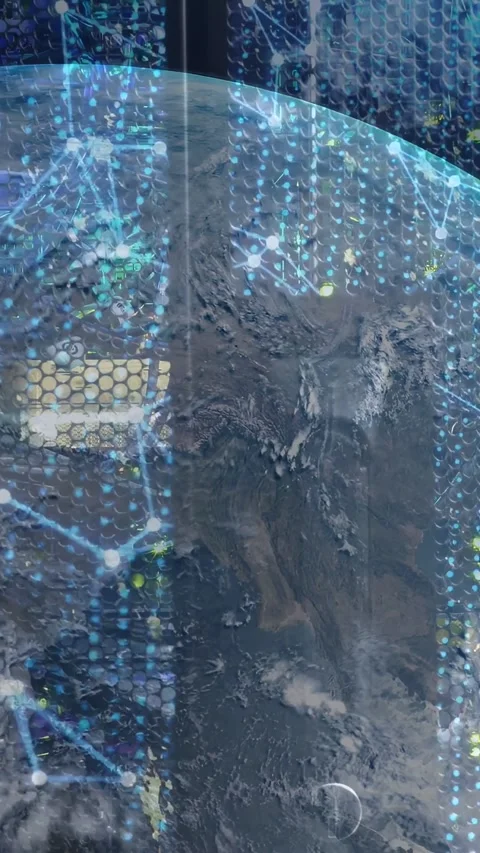 Vertical video: Globe rotating as pan triggers network nodes pulsing, forming Stock Footage 332747953