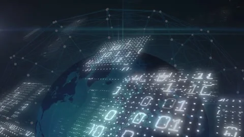 Vertical video: Globe rotating, pulling data and showing binary panels Stock Footage 331235780
