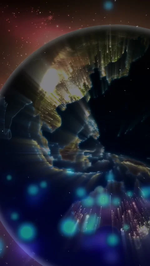 Vertical video: Globe rotating spurring city lights flaring into rays and orbs Stock Footage 329552868