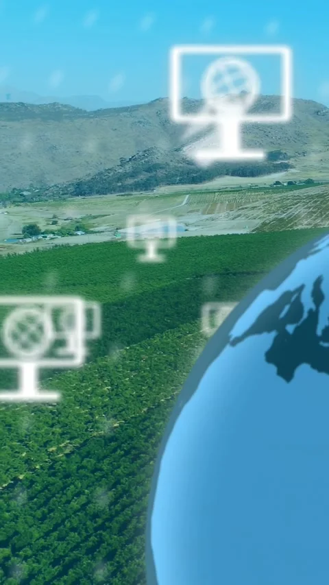Vertical video: Globe sliding from right causing screens popping over fields and Stock Footage 335263991