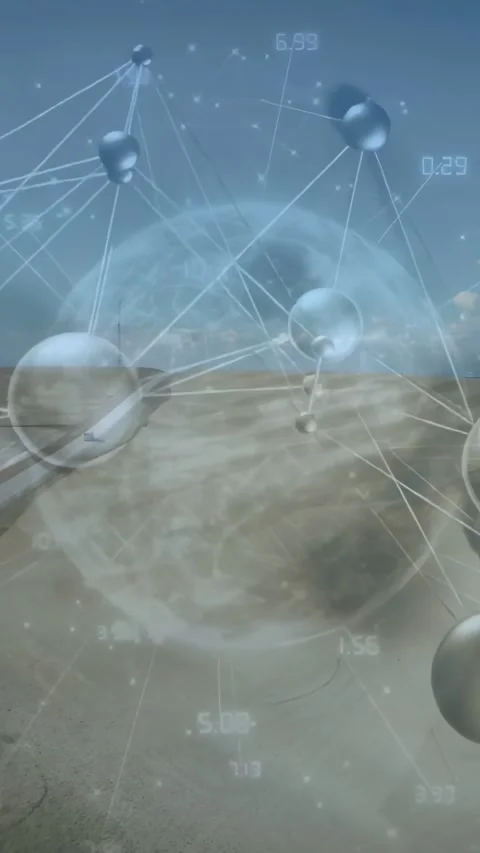 Vertical video: Glossy node network forming over dune on data ping, lines, dome Vidéo 334546962
