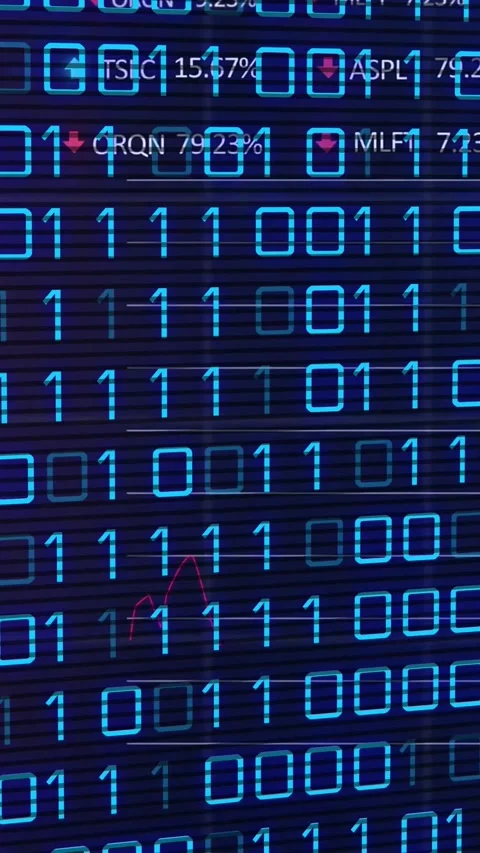 Vertical video: Glowing binary grid scrolling view panning, revealing tickers 스톡 동영상 331128842