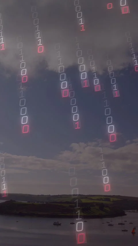 Vertical video: Glowing bit popping under clouds sending falling bit rain over Stock Footage 332985281