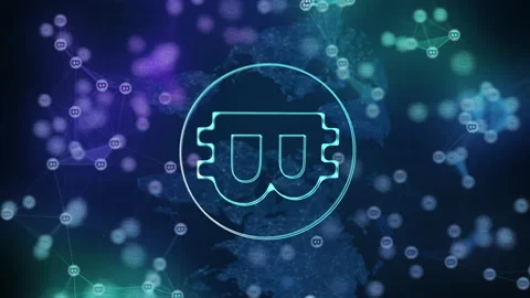 Vertical video. Glowing bitcoin symbol on blue background with world map. Stock Footage 236415097